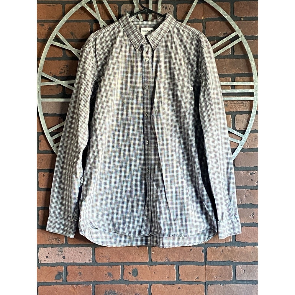 Timberland Men's Plaid Button Up Shirt XL Maroon Navy White Long Sleeve